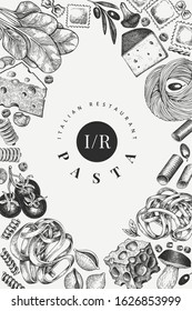 Italian pasta with addition design template. Hand drawn vector food illustration. Engraved style. Retro pasta different kinds background.