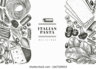 Italian pasta with addition design template. Hand drawn vector food illustration. Engraved style. Retro pasta different kinds background.