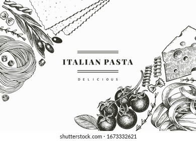 Italian pasta with addition design template. Hand drawn vector food illustration. Engraved style. Retro pasta different kinds background.