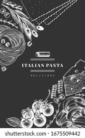 Italian pasta with addition design template. Hand drawn vector food illustration on chalk board. Engraved style. Retro pasta different kinds background.