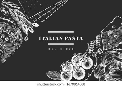 Italian pasta with addition design template. Hand drawn vector food illustration on chalk board. Engraved style. Retro pasta different kinds background.