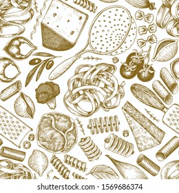 Italian pasta with addition seamless pattern. Hand drawn vector food illustration. Engraved style. Retro pasta different kinds background.
