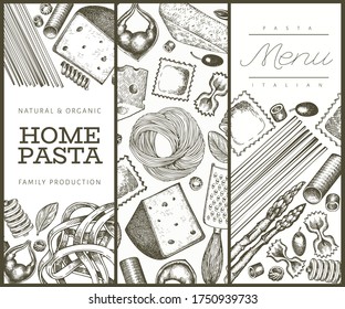 Italian pasta with additions design template. Hand drawn vector food illustration. Engraved style. Vintage pasta different kinds background.