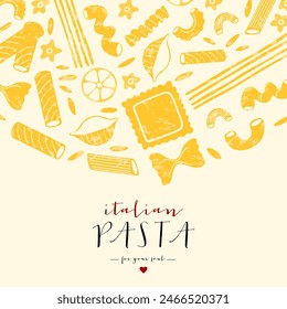 Fondo de pasta italiana. Diferentes tipos de pasta italiana. Espagueti, farfalle, penne, rigatoni, ravioli, fusilli, conchiglie, codos, rotelle, orzo, paccheri ilustración.