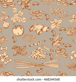 Italian pasta background. Different types of pasta seamless pattern background.