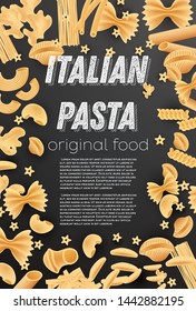 Italian Pasta Background. Farfalle, Conchiglie, Linguine, Maccheroni, Penne, Rigate, Spaghetti, Fusilli and Lasagne. Vector Illustration. 