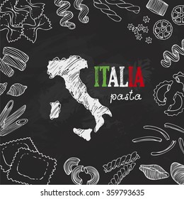 Italian pasta, background with hand drawn pasta and map of Italia, Italy, chalkboard, menu