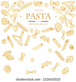 Italian pasta banner design template. Hand drawn sketch style traditional Italian cuisine ingredients. Best for packaging, flyers and menu design. Vector illustrations.