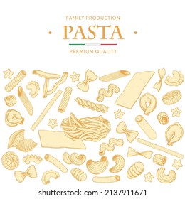 Italian pasta banner design template. Hand drawn sketch style traditional Italian cuisine ingredients. Best for packaging, flyers and menu design. Vector illustrations.