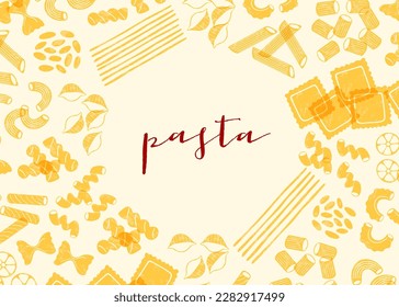 Italian pasta banner. Different types of Italian pasta. Spaghetti, farfalle, penne, rigatoni, ravioli, fusilli, conchiglie, elbows, rotelle, orzo, paccheri illustration.