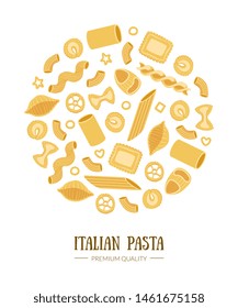 Italian Pasta Banner Template with Different Types of Traditional Pasta of Round Shape Can Be Used for Menu, Packaging, Fyer, Card Vector Illustration