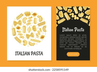 Lista de plantillas de tarjetas de pasta italiana. Producto natural orgánico, cocina italiana aplicación móvil de comida tradicional, banner web, portada de dibujos animados