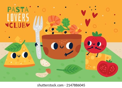 Italian pasta characters card. Cute spaghetti plate with cheese piece. Basil leaf. Tomato and shrimps in fettuccine bowl. Best friends. Food mascots. Noodle cooking