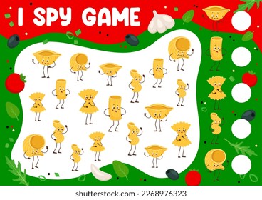 Italian pasta characters i spy game vector worksheet. Puzzle quiz or math game with cute macaroni or noodle personages. Kids riddle with funny farfalle, fusilli, conchiglie, rigatoni and lumache pasta