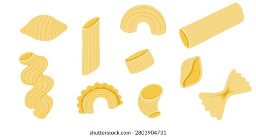 Italian pasta collection. Different types of macaroni. Hand drawn creste di galli, cavatappi, anelli, conchiglio, rigatoni, farfalle, penne isolated on background. Outline vector style.