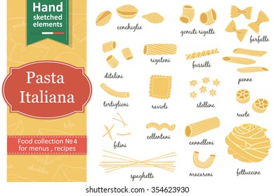 Italian Pasta collection drawings. Sketches. Hand-drawing. Vector illustration. Elements for design.