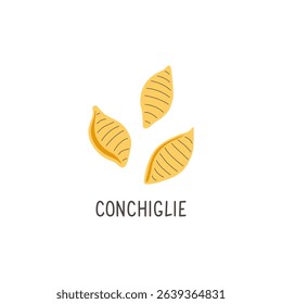 Italian pasta. Conchiglie hand drawn lettering. Food flat illustration. Isolated icon. Vector elements for logo, menu or packaging design.