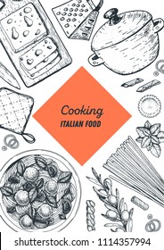 Italian pasta cooking illustration. Italian food cooking frame. Sketch vector illustration. Cooking pasta.