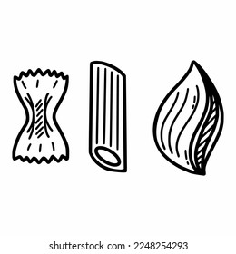 Italian pasta of different shapes. Set of elements. Vector doodle illustration. Hand drawn sketch. Food. Macaroni