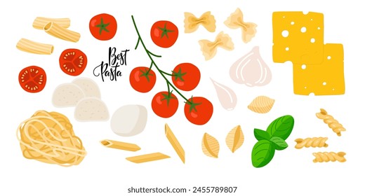 Pasta italiana. Diferentes tipos de pasta y diferentes ingredientes para las salsas. recetas Populares. Ilustración vectorial de nutrientes. Comida tradicional italiana para el menú del restaurante, tienda, embalaje, recetas.