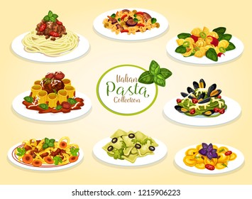 Italian pasta dishes with meat, seafood, cheese and vegetables. Vector spaghetti, macaroni and penne with tomato bolognese sauce, meatballs and pesto, lasagna, alfredo and pasta carbonara