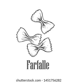 Italian pasta farfalle. Hand drawn sketch style illustration of traditional italian food. Best for menu designs and packaging. Vector drawing isolated on white background.