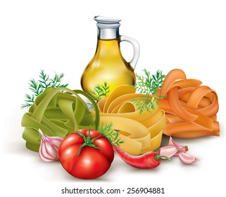 Italian pasta fettuccine nest and tomato, garlic, bottle olive oil . vector illustration