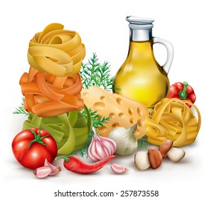 Italian pasta fettuccine nest, vegetables and olive oil. vector illustration