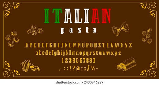 Fuente de pasta italiana, tipo de letra de cocina o tipo de espagueti de alfabeto inglés retro, letras vectoriales ABC. Fuente de tipografía vintage de la etiqueta italiana para la cocina de la pasta de Italia o tipografía del menú del restaurante