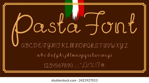 Tipo de letra o tipo de pasta italiana, tipo de spaghetti realista. Letras vectoriales de alfabeto inglés, números y signos en forma de fideos, formando una sabrosa tipografía que celebra la artesanía culinaria de Italia