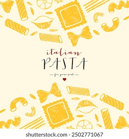 Italian pasta frame background. Different types of Italian pasta. Spaghetti, farfalle, penne, rigatoni, ravioli, fusilli, conchiglie, elbows, rotelle, orzo, paccheri illustration.