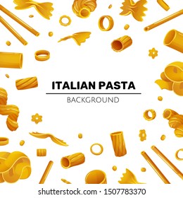 Italian pasta frame with different types of macaroni, around, a circle form. Vector illustration on white background in flat cartoon style