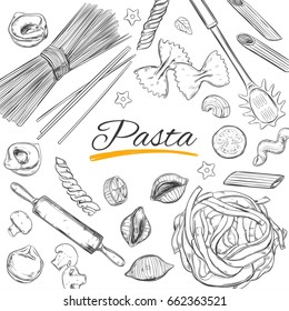 Italian Pasta frame. Different types of pasta. Vector hand drawn illustration. Isolated objects on white. Sketch style