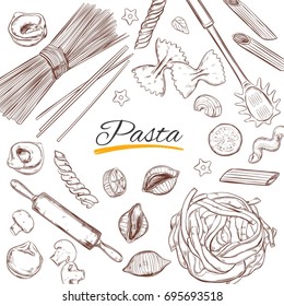 Italian Pasta frame. Different types of pasta. Vector hand drawn illustration. Isolated objects on white. Sketch style