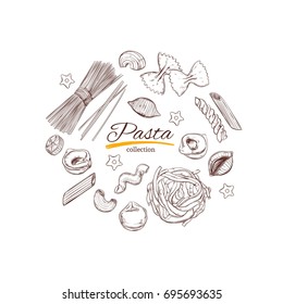Italian Pasta frame. Different types of pasta. Vector hand drawn illustration. Isolated objects on white. Sketch style