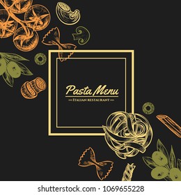 Italian pasta frame . Hand drawn vector illustration of an Italian pasta on a blackboard, sketch . Classic italian cuisine.