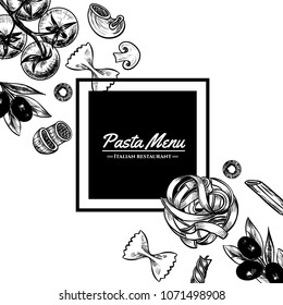 Italian pasta frame . Hand drawn vector illustration of an Italian pasta on a blackboard, sketch . Classic italian cuisine.