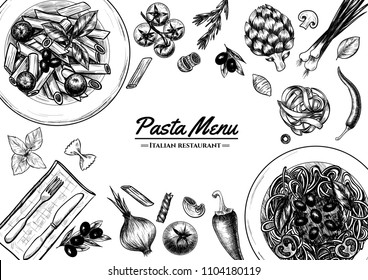 Italian pasta frame . Hand drawn vector illustration of an Italian pasta on a blackboard, sketch . Classic italian cuisine.