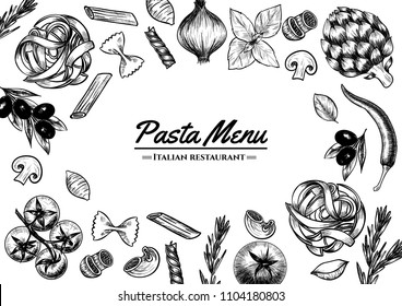 Italian pasta frame . Hand drawn vector illustration of an Italian pasta on a blackboard, sketch . Classic italian cuisine.