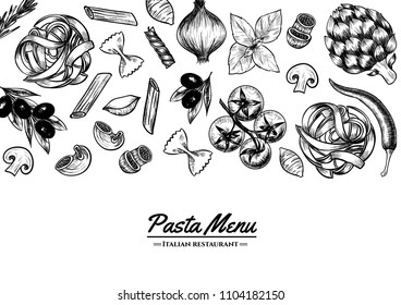 Italian pasta frame . Hand drawn vector illustration of an Italian pasta on a blackboard, sketch . Classic italian cuisine.