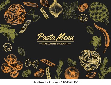 Italian pasta frame . Hand drawn vector illustration of an Italian pasta on a blackboard, sketch . Classic italian cuisine.