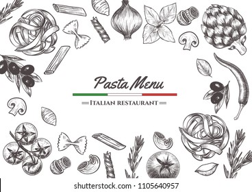 Marco de pasta italiana. Dibujo vector dibujado a mano de una pasta italiana en una pizarra, boceto . Cocina italiana clásica.