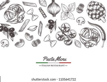Italian pasta frame . Hand drawn vector illustration of an Italian pasta on a blackboard, sketch . Classic italian cuisine.
