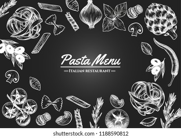 Italian pasta frame . Hand drawn vector illustration of an Italian pasta on a blackboard, sketch . Classic italian cuisine.