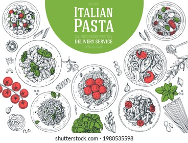 Italian Pasta frame. Hand drawn vector illustration. Italian Pasta top view. Food design template. Farfalle, Penne and Spaghetti illustration. Classic italian cuisine. Engraved style