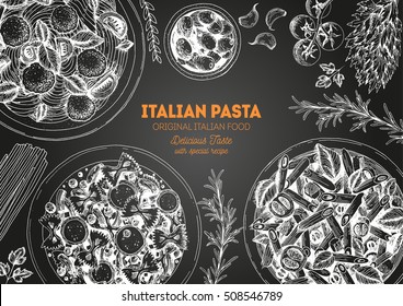 Italian pasta frame. Hand drawn vector illustration of an Italian pasta on chalkboard. Food design template.  Farfalle, Penne and Spaghetti illustration. Classic italian cuisine.
