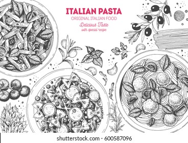 イタリアのパスタの枠 イタリアのパスタのトップビューの手描きのベクターイラスト 食品デザインテンプレート ファルファル ペンネ スパゲティのイラスト イタリア料理の古典 彫り込みスタイル のベクター画像素材 ロイヤリティフリー Shutterstock