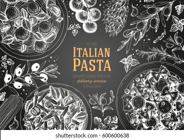 Italian pasta frame. Hand drawn vector illustration of an Italian pasta top view. Food design template. Farfalle, Penne and Spaghetti illustration. Classic italian cuisine.  Engraved style