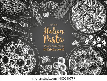 Italian pasta frame. Hand drawn vector illustration of an Italian pasta top view. Food design template. Farfalle, Penne and Spaghetti illustration. Classic italian cuisine.  Engraved style
