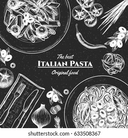 Italian pasta frame . Hand drawn vector illustration of an Italian pasta on a blackboard, sketch . Classic italian cuisine.